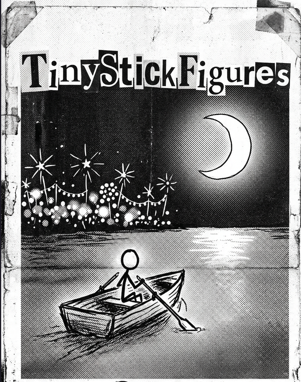 TinyStickFigures — stick figure rowing a boat under the moon, away from distant lights